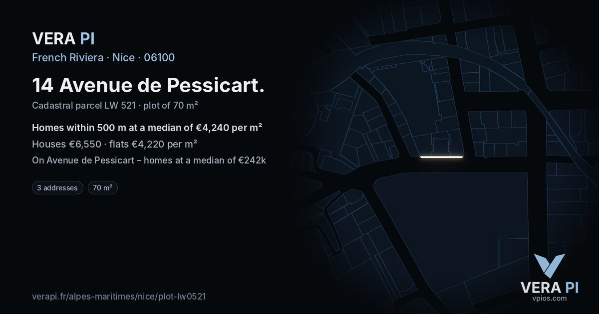14 Avenue de Pessicart, Nice at night – the plot lit, the parcels around coloured by the prices near them