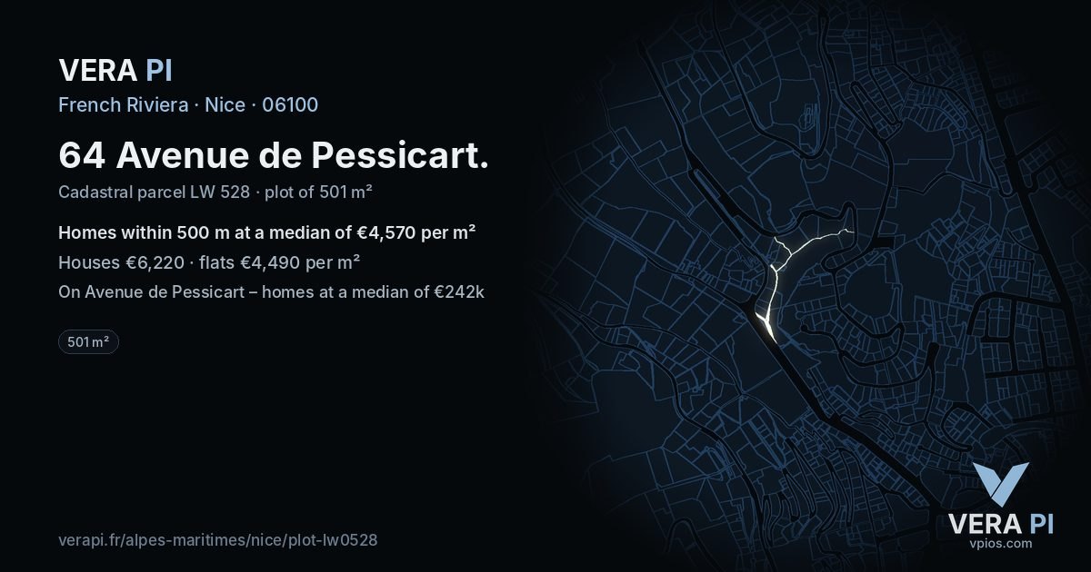 64 Avenue de Pessicart, Nice at night – the plot lit, the parcels around coloured by the prices near them