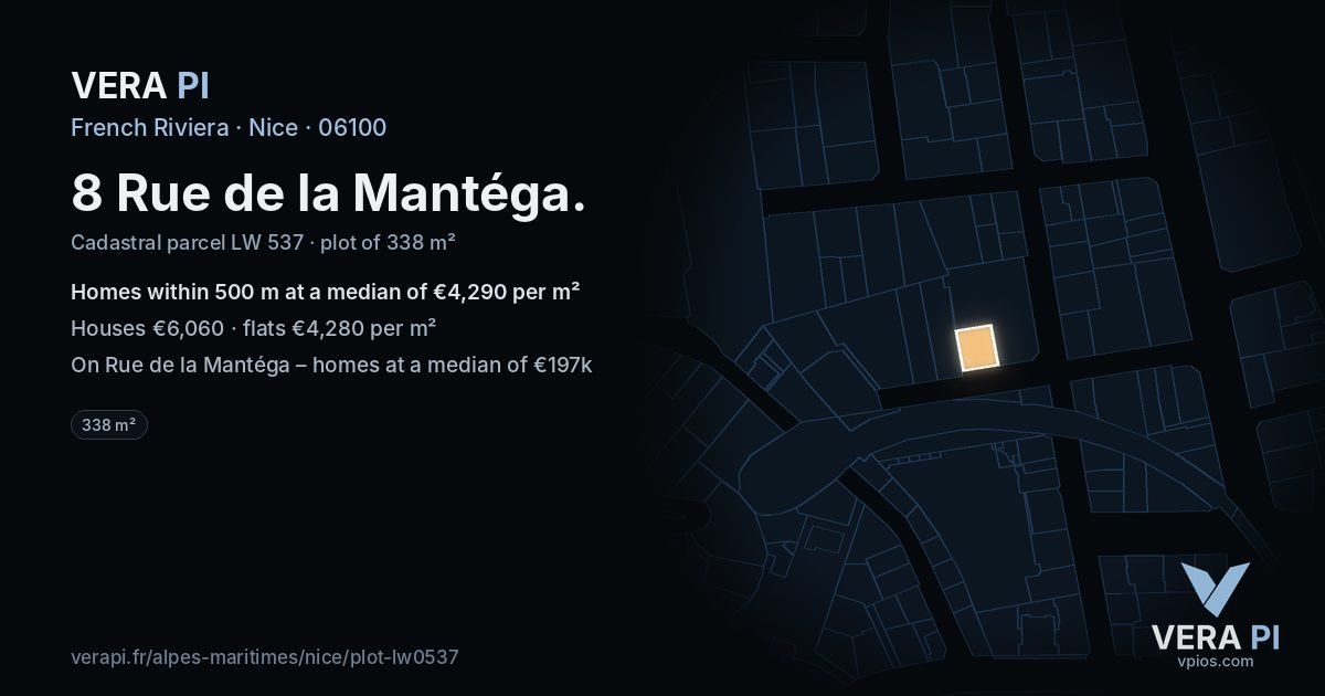 8 Rue de la Mantéga, Nice at night – the plot lit, the parcels around coloured by the prices near them