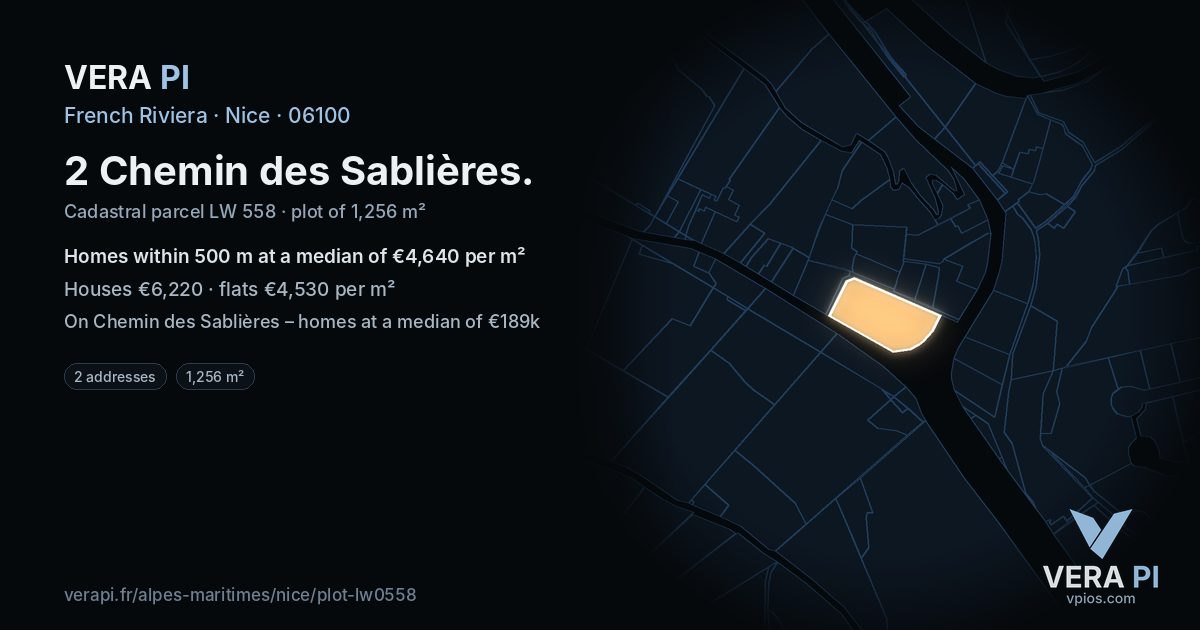 2 Chemin des Sablières, Nice at night – the plot lit, the parcels around coloured by the prices near them