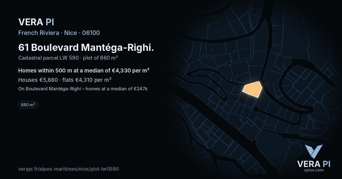 61 Boulevard Mantéga-Righi, Nice at night – the plot lit, the parcels around coloured by the prices near them