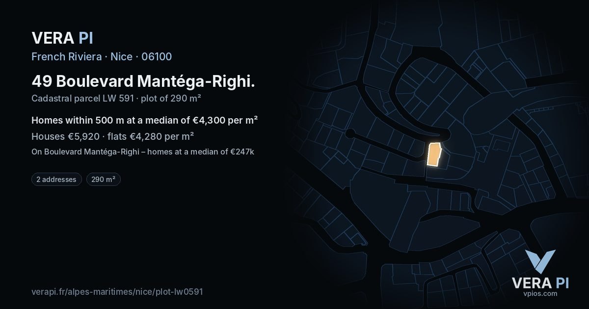 49 Boulevard Mantéga-Righi, Nice at night – the plot lit, the parcels around coloured by the prices near them
