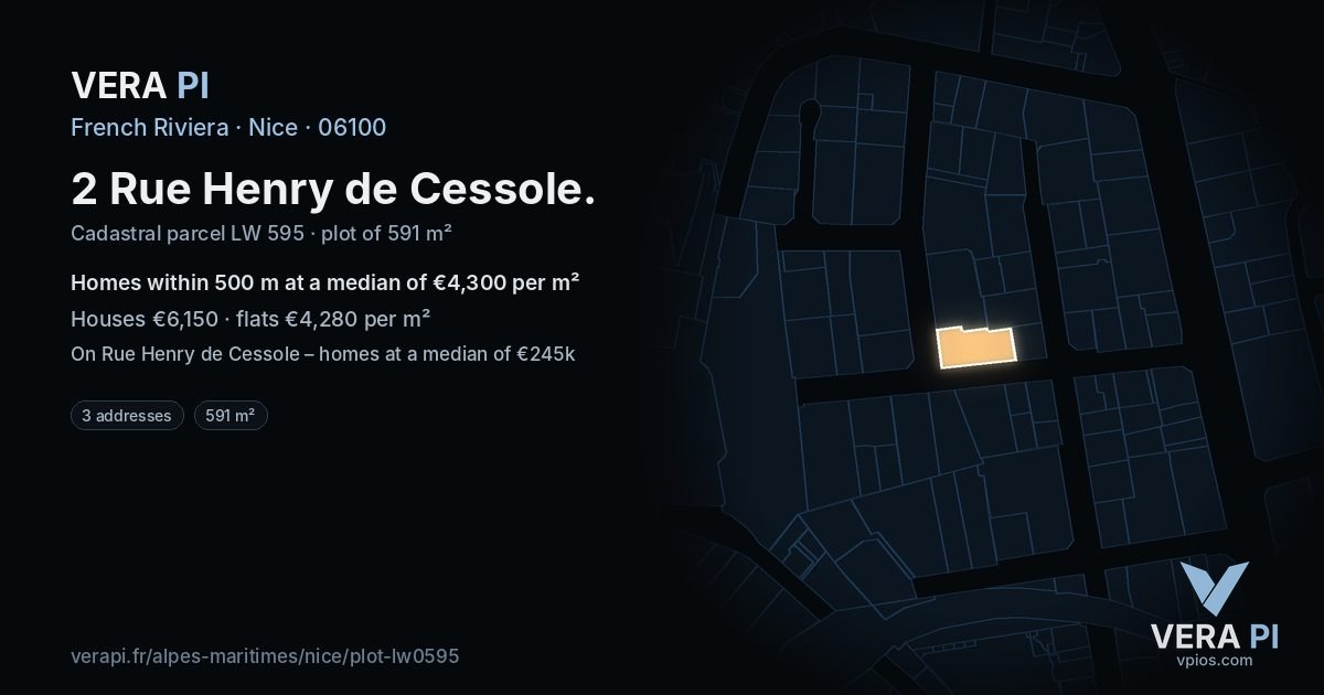 2 Rue Henry de Cessole, Nice at night – the plot lit, the parcels around coloured by the prices near them