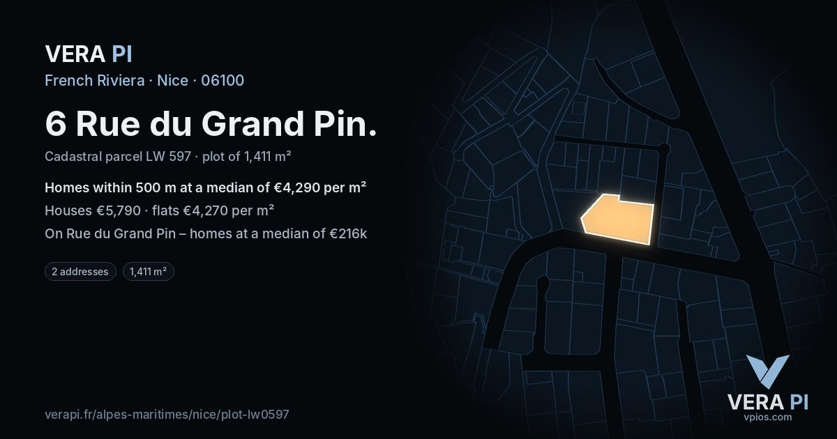 6 Rue du Grand Pin, Nice at night – the plot lit, the parcels around coloured by the prices near them