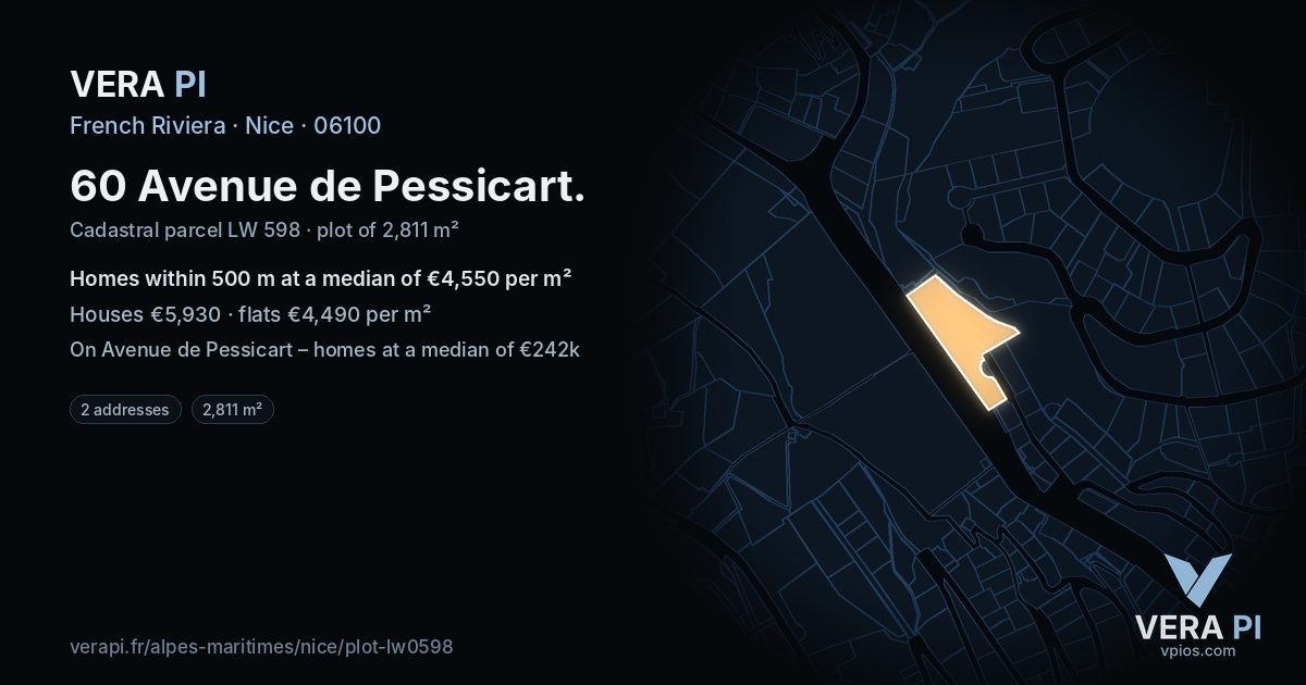 60 Avenue de Pessicart, Nice at night – the plot lit, the parcels around coloured by the prices near them