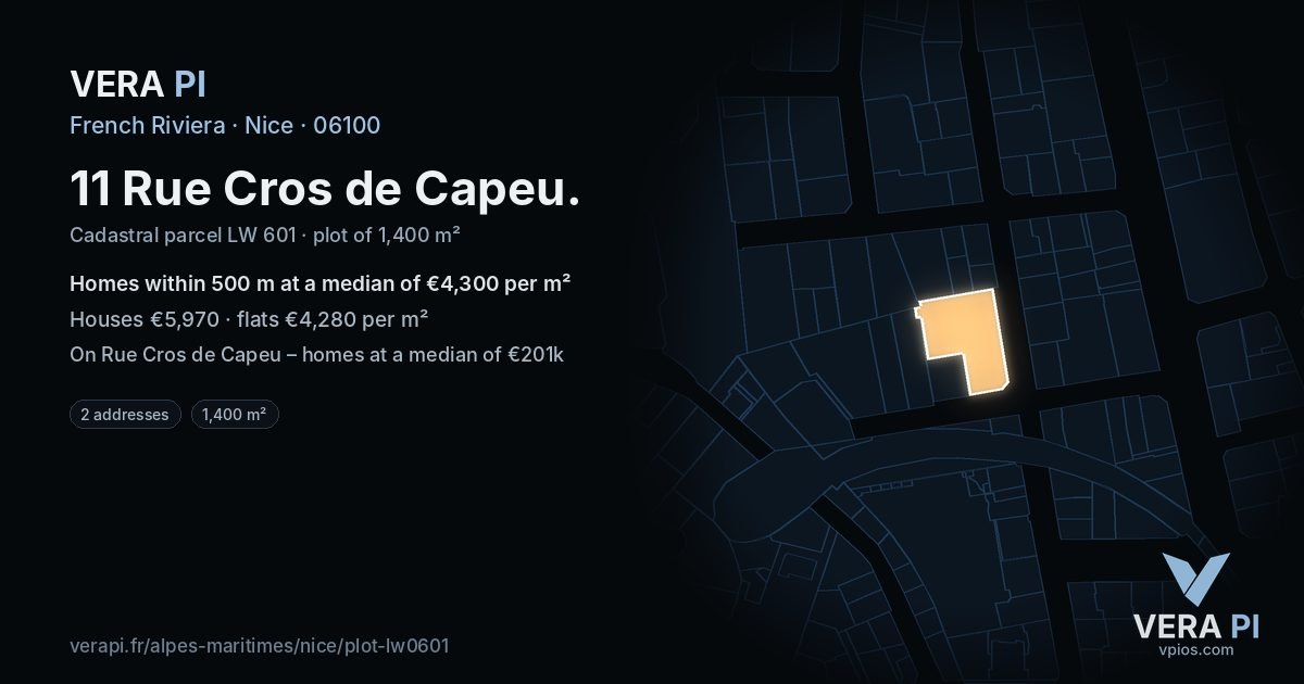 11 Rue Cros de Capeu, Nice at night – the plot lit, the parcels around coloured by the prices near them