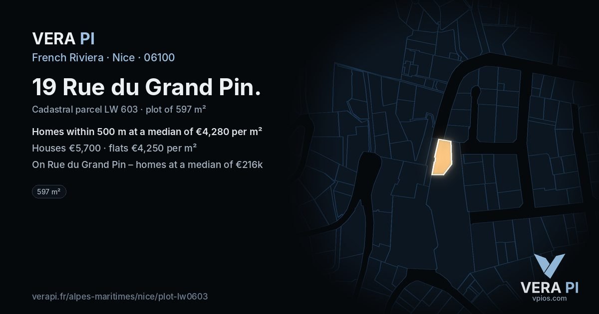 19 Rue du Grand Pin, Nice at night – the plot lit, the parcels around coloured by the prices near them