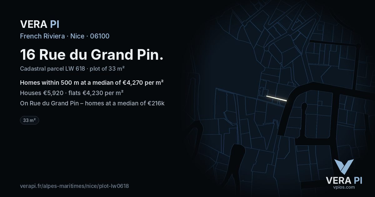 16 Rue du Grand Pin, Nice at night – the plot lit, the parcels around coloured by the prices near them