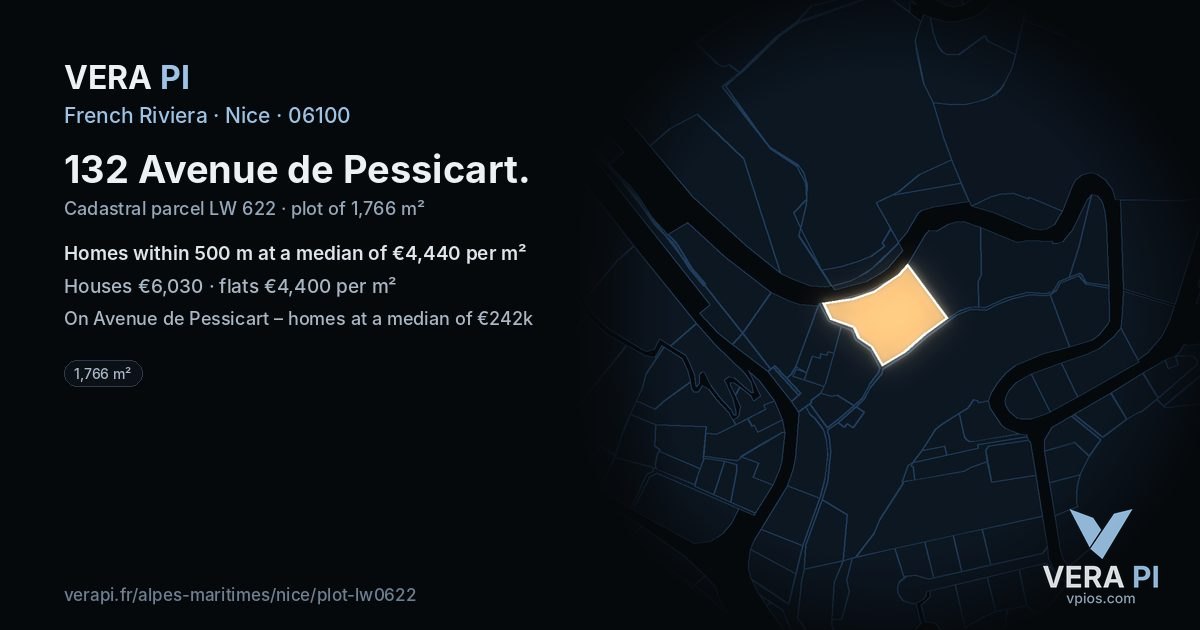 132 Avenue de Pessicart, Nice at night – the plot lit, the parcels around coloured by the prices near them