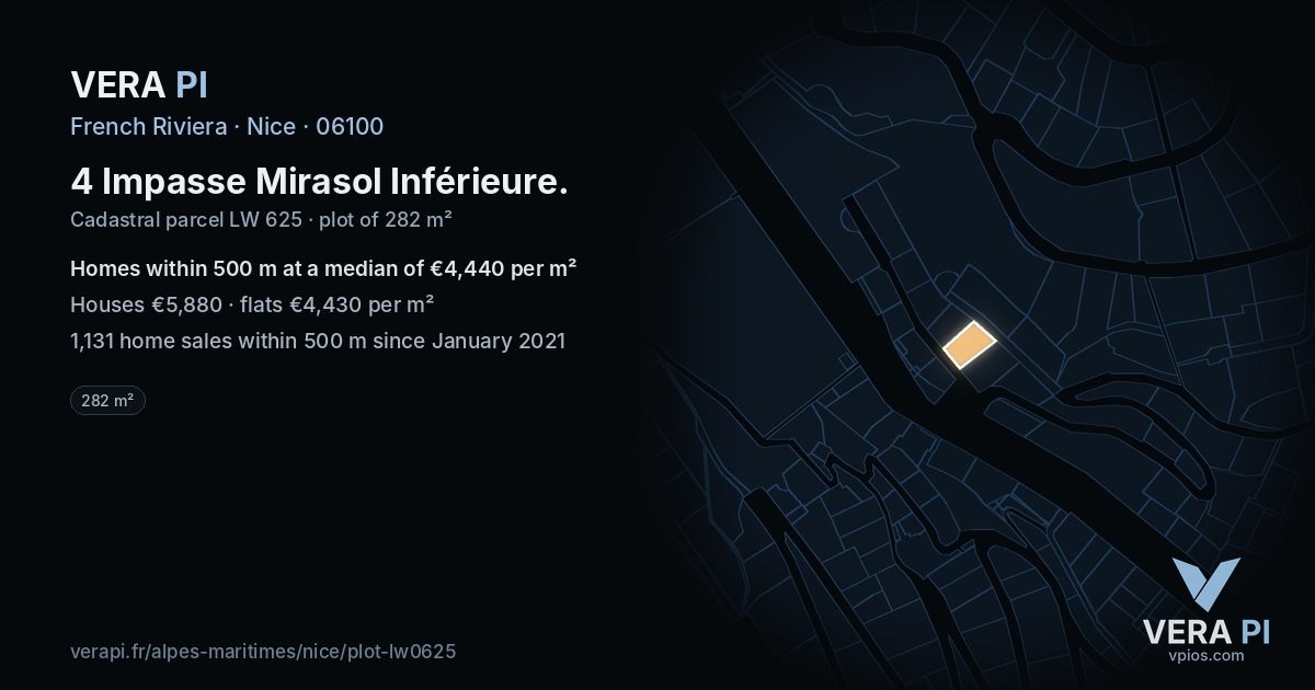 4 Impasse Mirasol Inférieure, Nice at night – the plot lit, the parcels around coloured by the prices near them