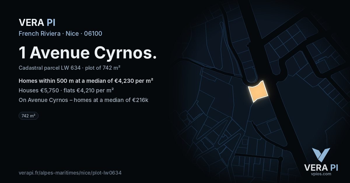 1 Avenue Cyrnos, Nice at night – the plot lit, the parcels around coloured by the prices near them