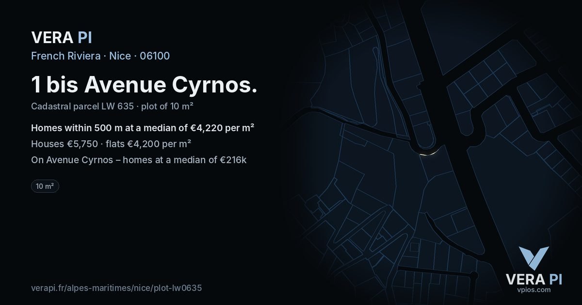1 bis Avenue Cyrnos, Nice at night – the plot lit, the parcels around coloured by the prices near them