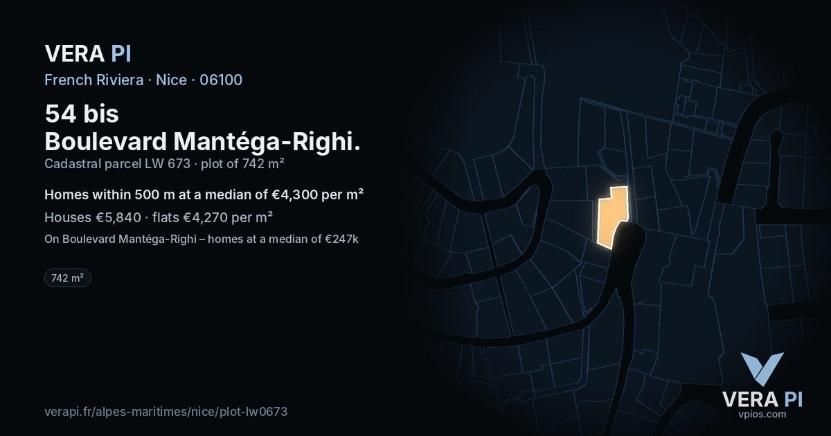 54 bis Boulevard Mantéga-Righi, Nice at night – the plot lit, the parcels around coloured by the prices near them