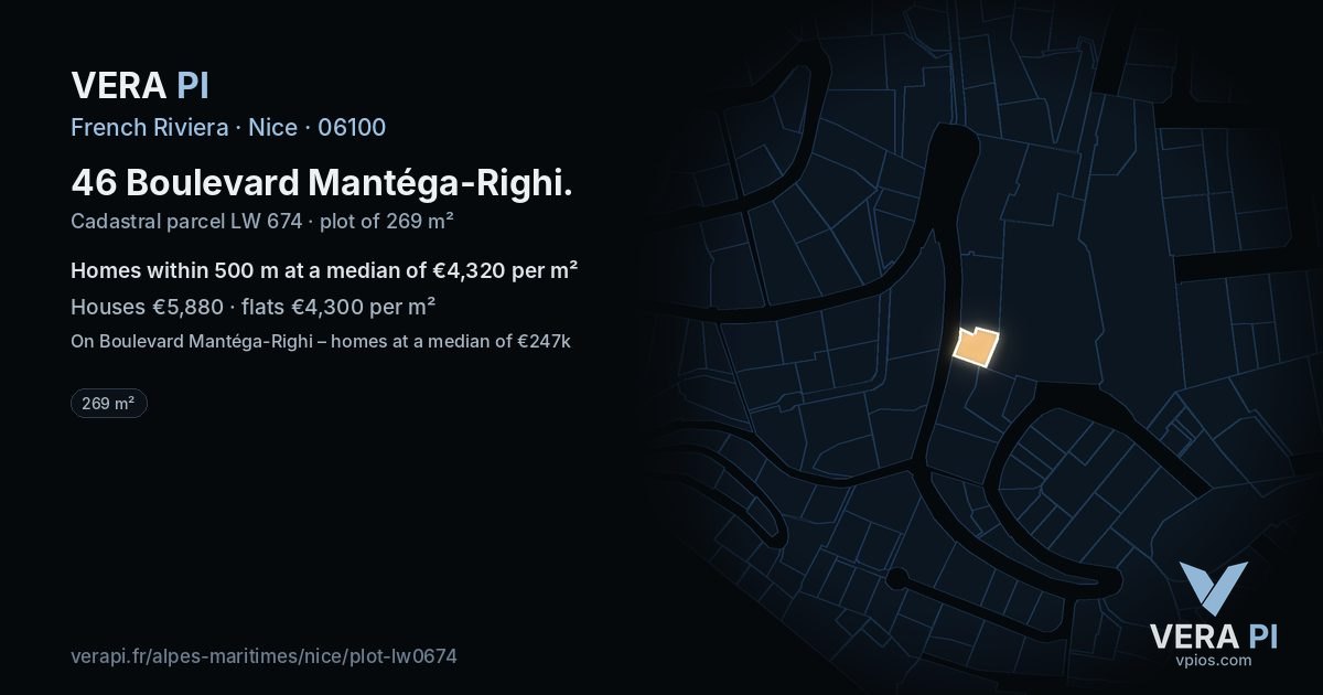 46 Boulevard Mantéga-Righi, Nice at night – the plot lit, the parcels around coloured by the prices near them