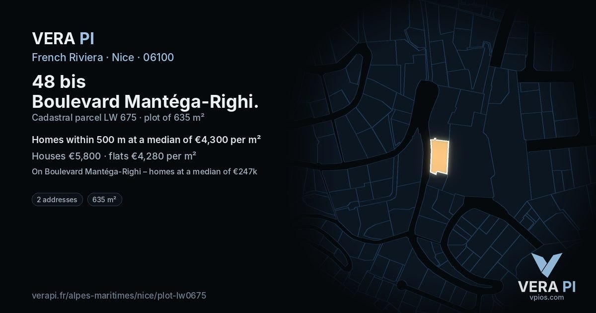 48 bis Boulevard Mantéga-Righi, Nice at night – the plot lit, the parcels around coloured by the prices near them