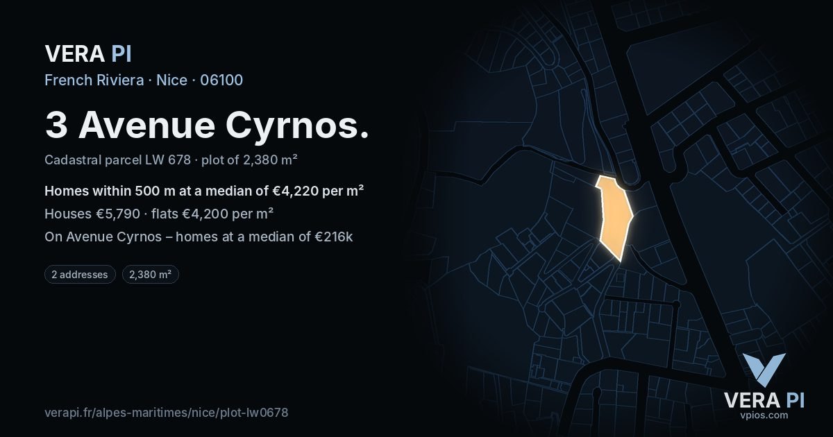 3 Avenue Cyrnos, Nice at night – the plot lit, the parcels around coloured by the prices near them