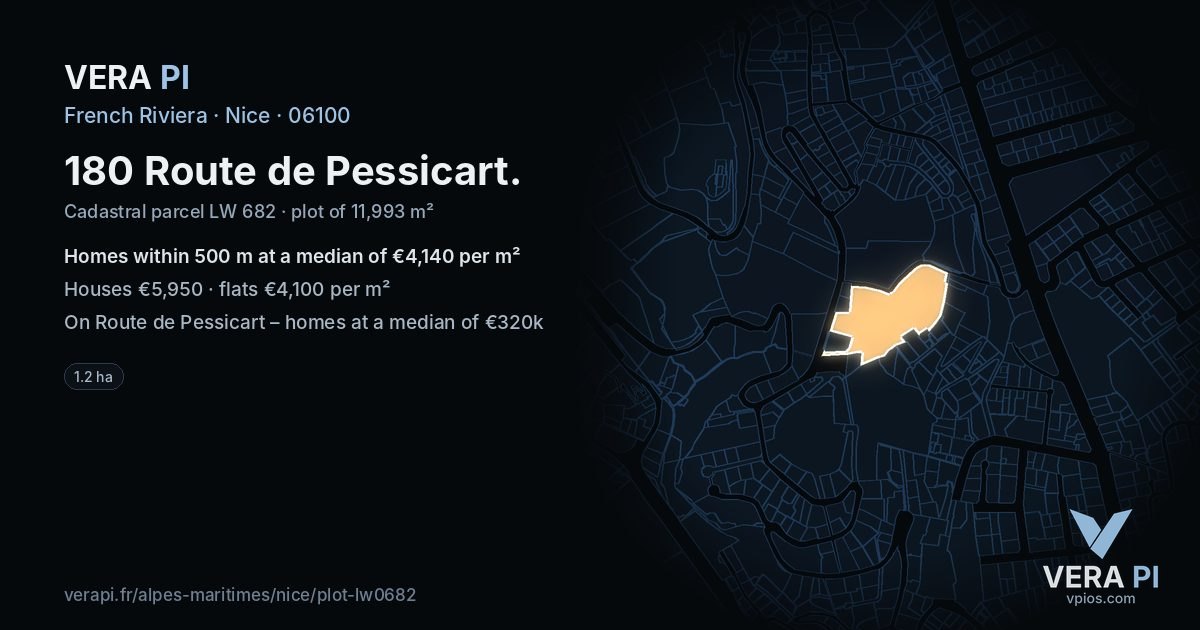 180 Route de Pessicart, Nice at night – the plot lit, the parcels around coloured by the prices near them