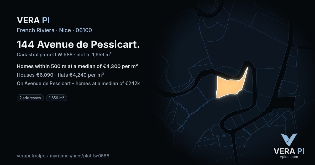 144 Avenue de Pessicart, Nice at night – the plot lit, the parcels around coloured by the prices near them