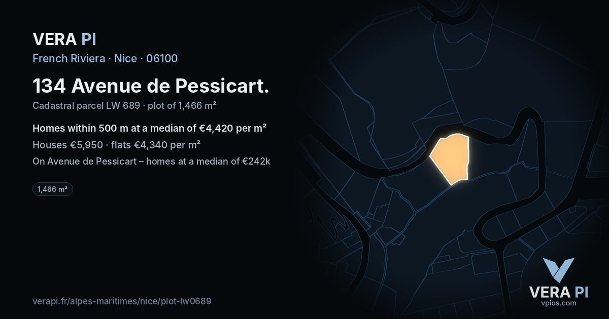 134 Avenue de Pessicart, Nice at night – the plot lit, the parcels around coloured by the prices near them