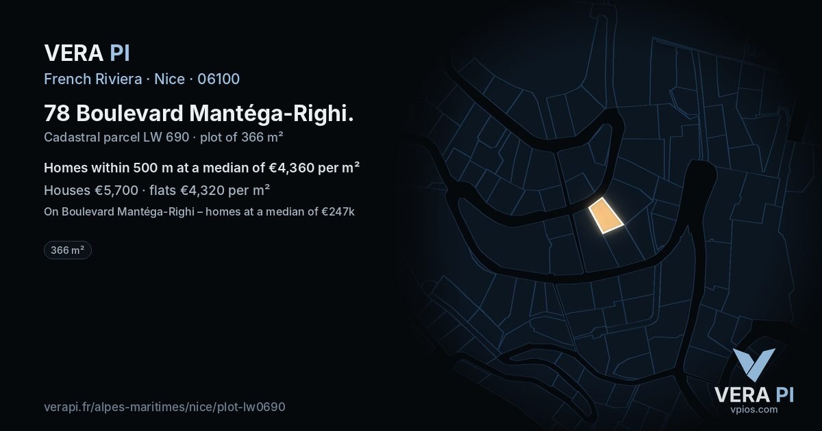 78 Boulevard Mantéga-Righi, Nice at night – the plot lit, the parcels around coloured by the prices near them