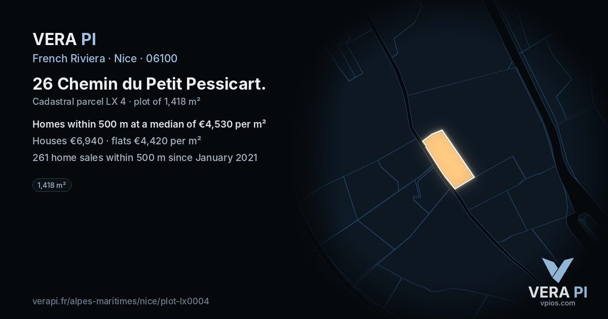 26 Chemin du Petit Pessicart, Nice at night – the plot lit, the parcels around coloured by the prices near them