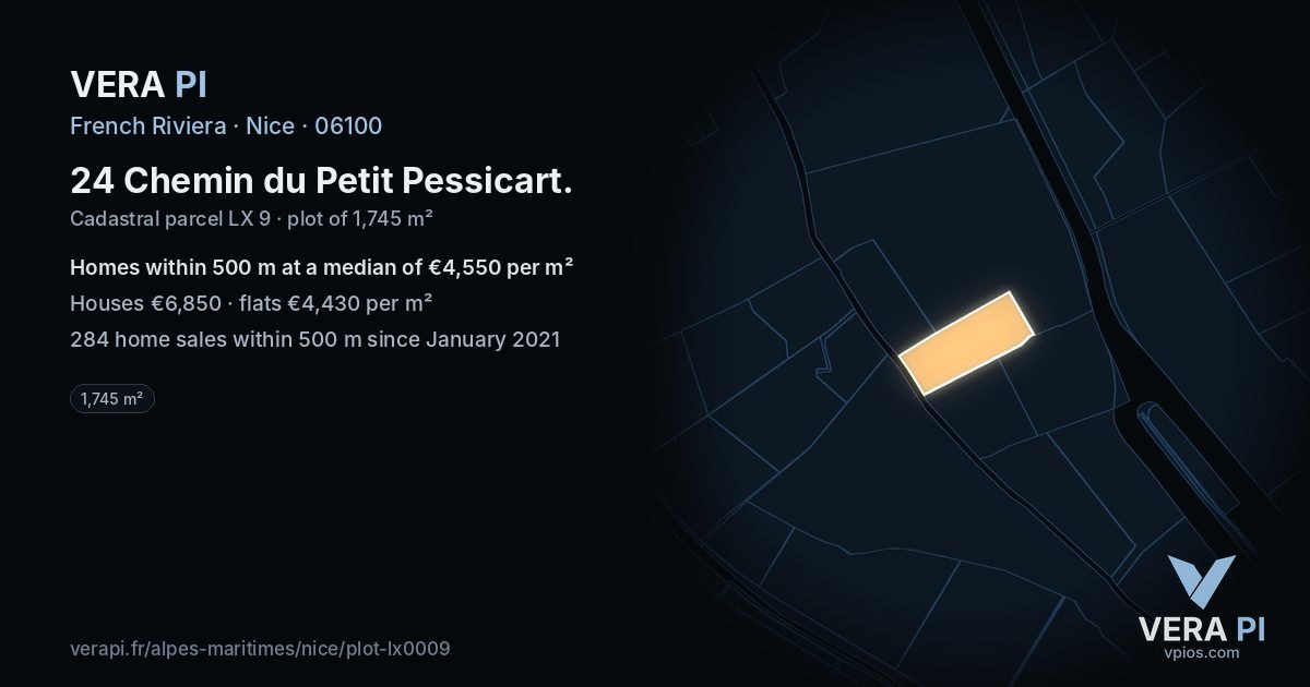 24 Chemin du Petit Pessicart, Nice at night – the plot lit, the parcels around coloured by the prices near them