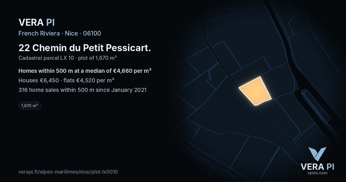 22 Chemin du Petit Pessicart, Nice at night – the plot lit, the parcels around coloured by the prices near them