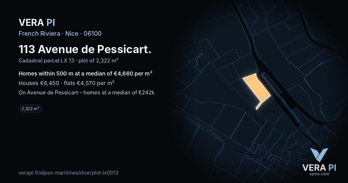 113 Avenue de Pessicart, Nice at night – the plot lit, the parcels around coloured by the prices near them