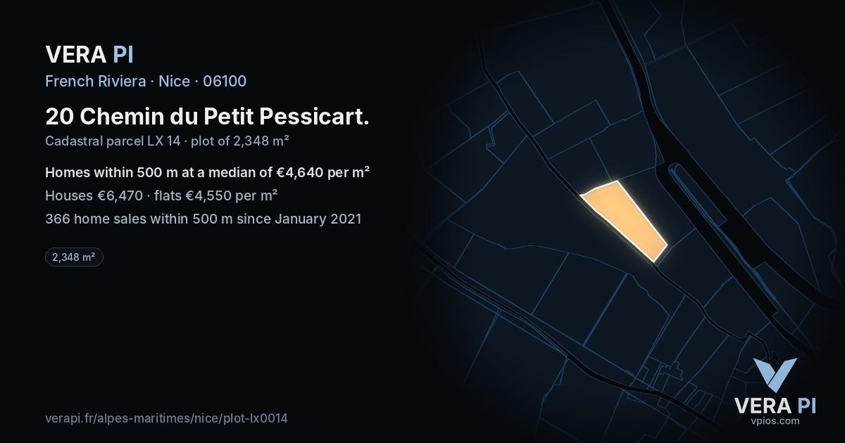20 Chemin du Petit Pessicart, Nice at night – the plot lit, the parcels around coloured by the prices near them