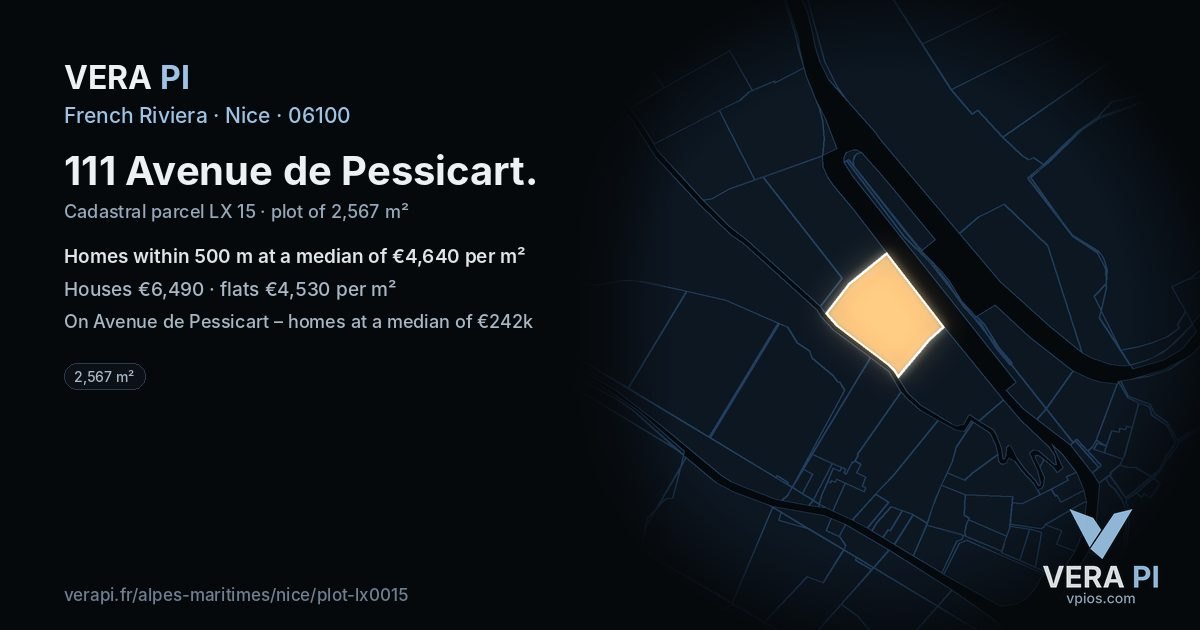 111 Avenue de Pessicart, Nice at night – the plot lit, the parcels around coloured by the prices near them
