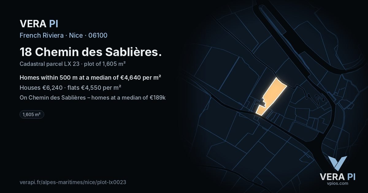 18 Chemin des Sablières, Nice at night – the plot lit, the parcels around coloured by the prices near them