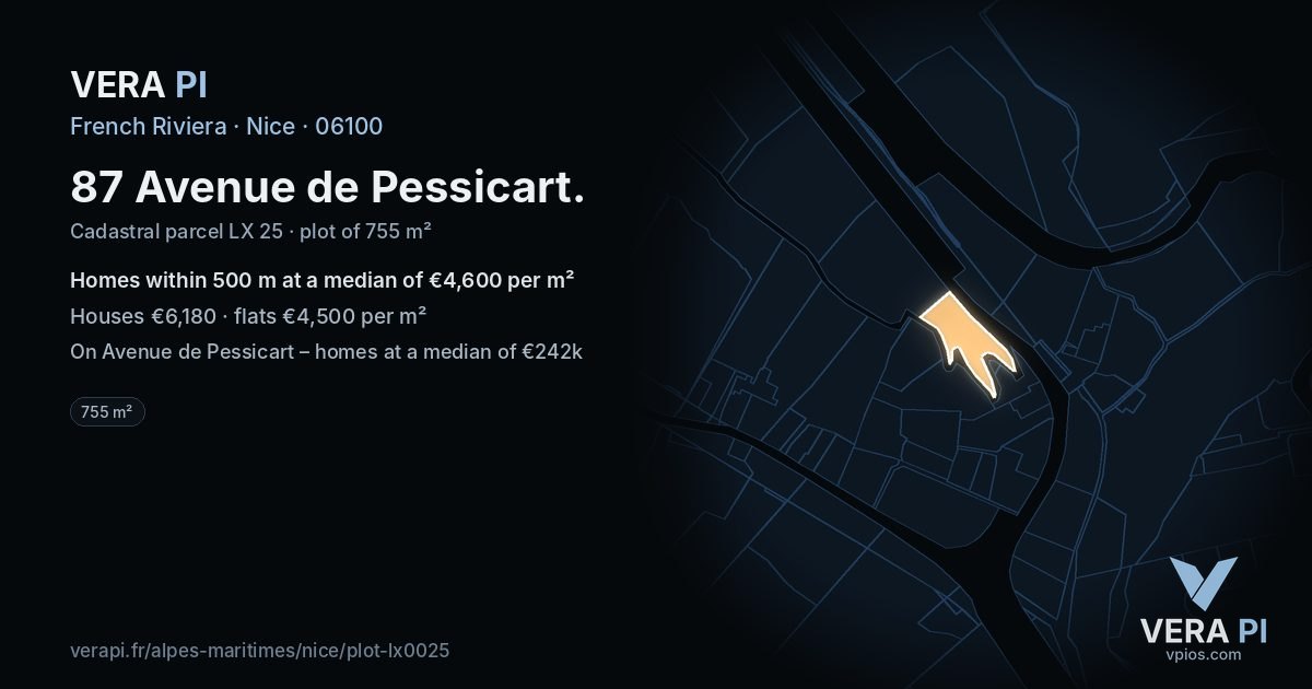 87 Avenue de Pessicart, Nice at night – the plot lit, the parcels around coloured by the prices near them