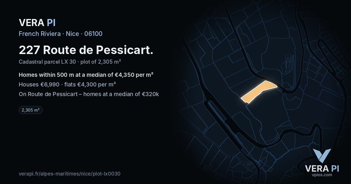 227 Route de Pessicart, Nice at night – the plot lit, the parcels around coloured by the prices near them