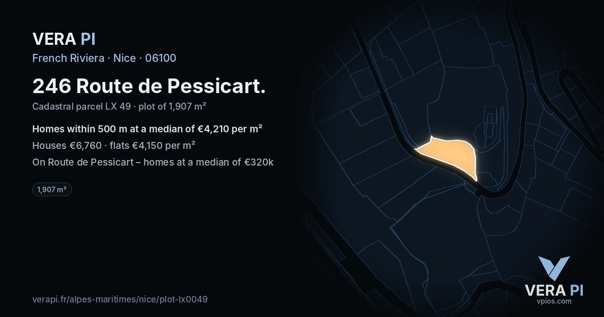 246 Route de Pessicart, Nice at night – the plot lit, the parcels around coloured by the prices near them