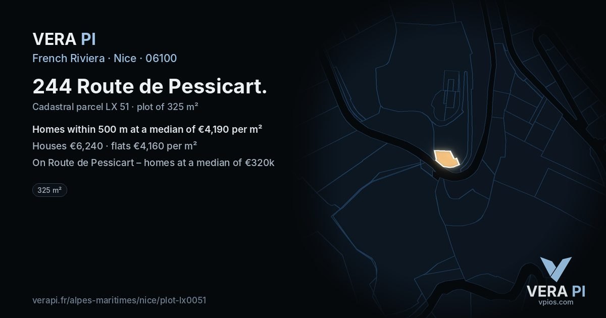 244 Route de Pessicart, Nice at night – the plot lit, the parcels around coloured by the prices near them