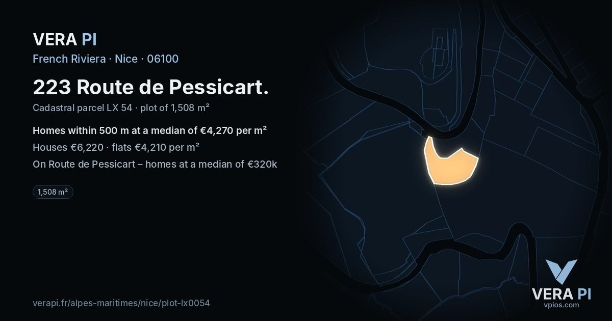 223 Route de Pessicart, Nice at night – the plot lit, the parcels around coloured by the prices near them