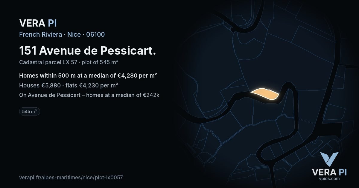 151 Avenue de Pessicart, Nice at night – the plot lit, the parcels around coloured by the prices near them