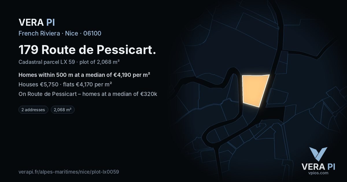 179 Route de Pessicart, Nice at night – the plot lit, the parcels around coloured by the prices near them