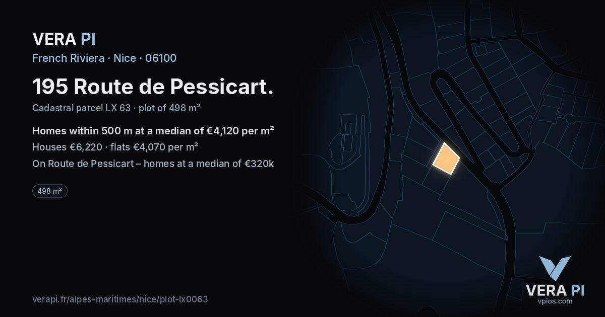 195 Route de Pessicart, Nice at night – the plot lit, the parcels around coloured by the prices near them
