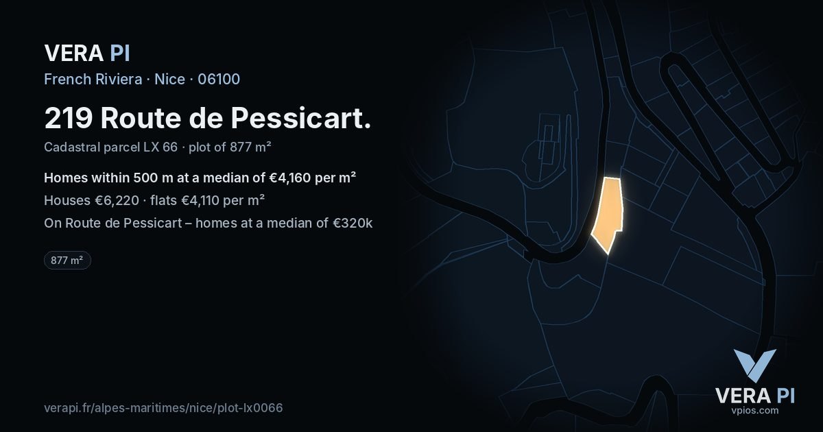 219 Route de Pessicart, Nice at night – the plot lit, the parcels around coloured by the prices near them