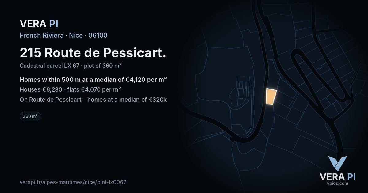 215 Route de Pessicart, Nice at night – the plot lit, the parcels around coloured by the prices near them