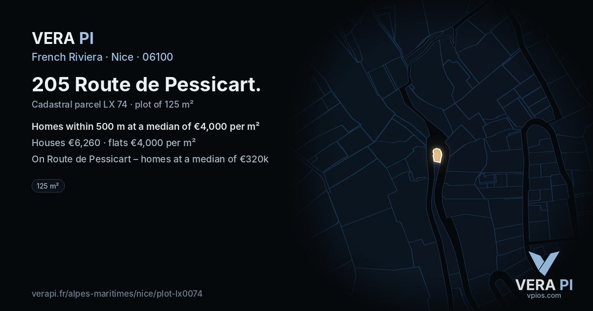205 Route de Pessicart, Nice at night – the plot lit, the parcels around coloured by the prices near them