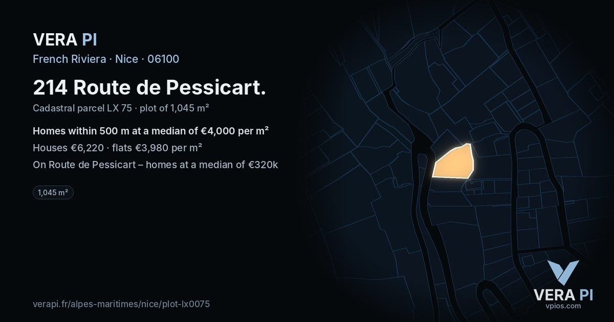 214 Route de Pessicart, Nice at night – the plot lit, the parcels around coloured by the prices near them