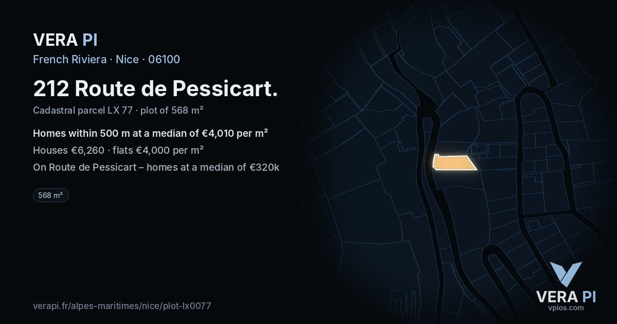 212 Route de Pessicart, Nice at night – the plot lit, the parcels around coloured by the prices near them