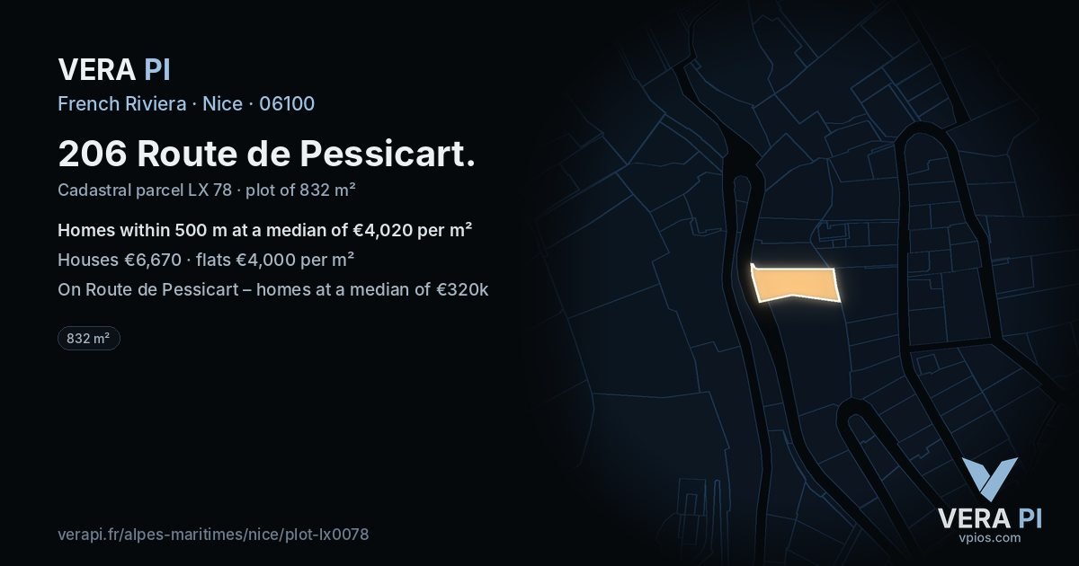 206 Route de Pessicart, Nice at night – the plot lit, the parcels around coloured by the prices near them