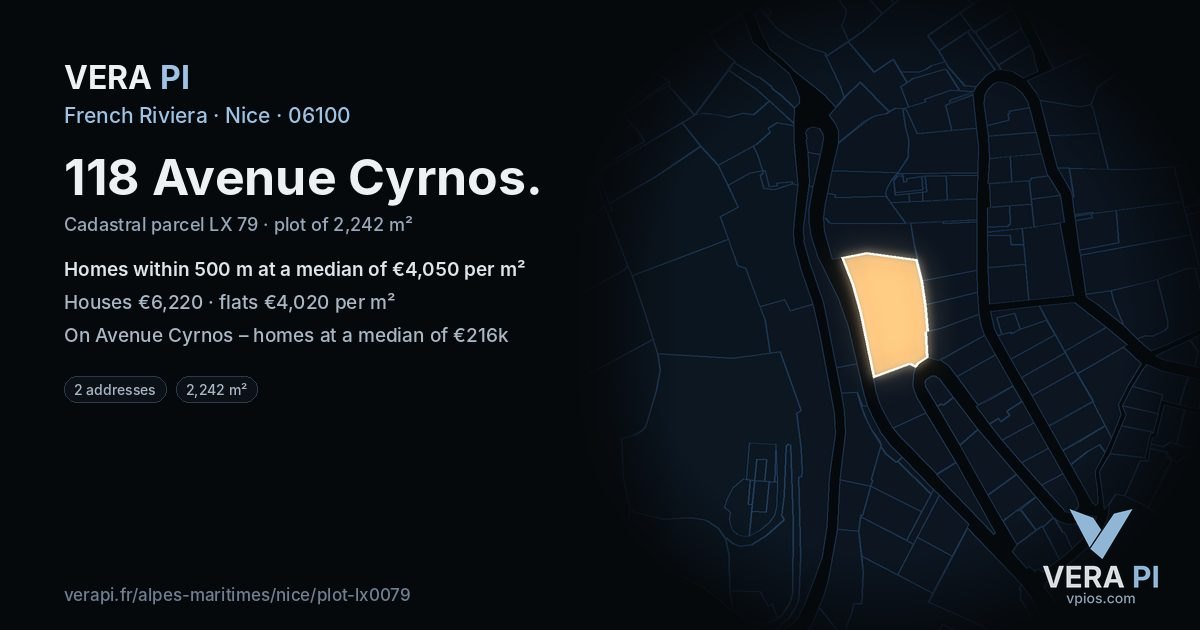 118 Avenue Cyrnos, Nice at night – the plot lit, the parcels around coloured by the prices near them