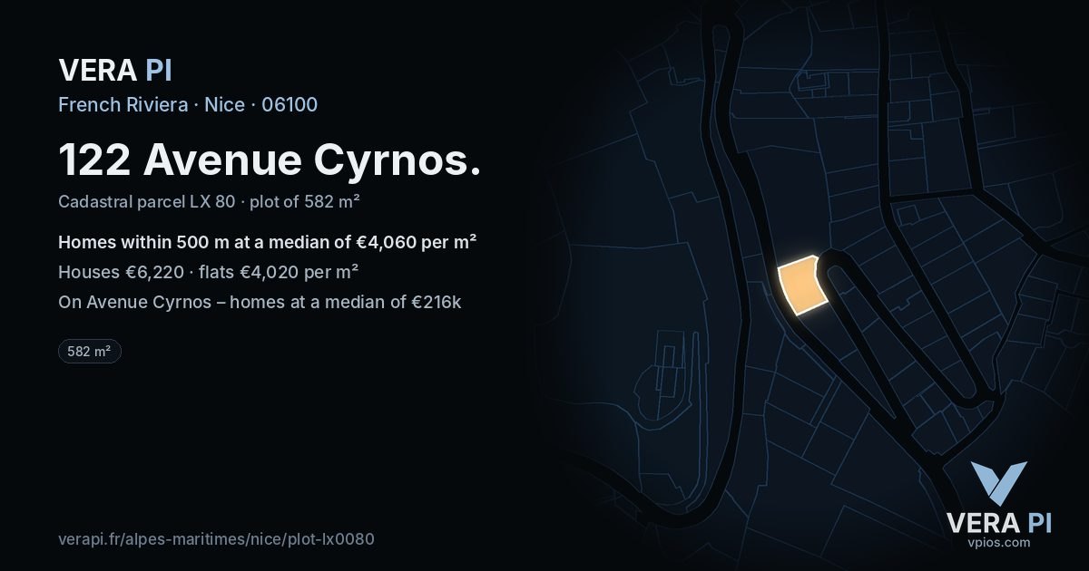 122 Avenue Cyrnos, Nice at night – the plot lit, the parcels around coloured by the prices near them