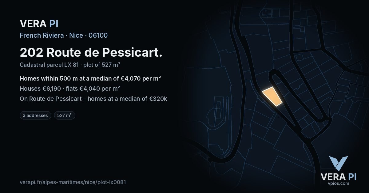 202 Route de Pessicart, Nice at night – the plot lit, the parcels around coloured by the prices near them
