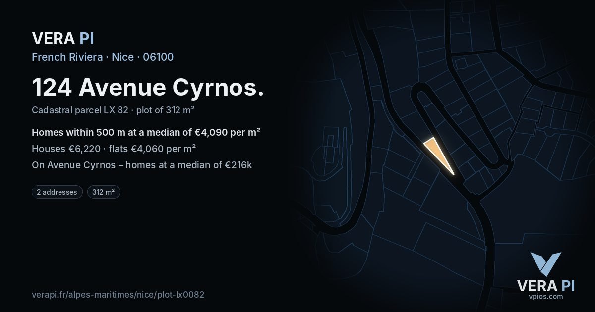 124 Avenue Cyrnos, Nice at night – the plot lit, the parcels around coloured by the prices near them