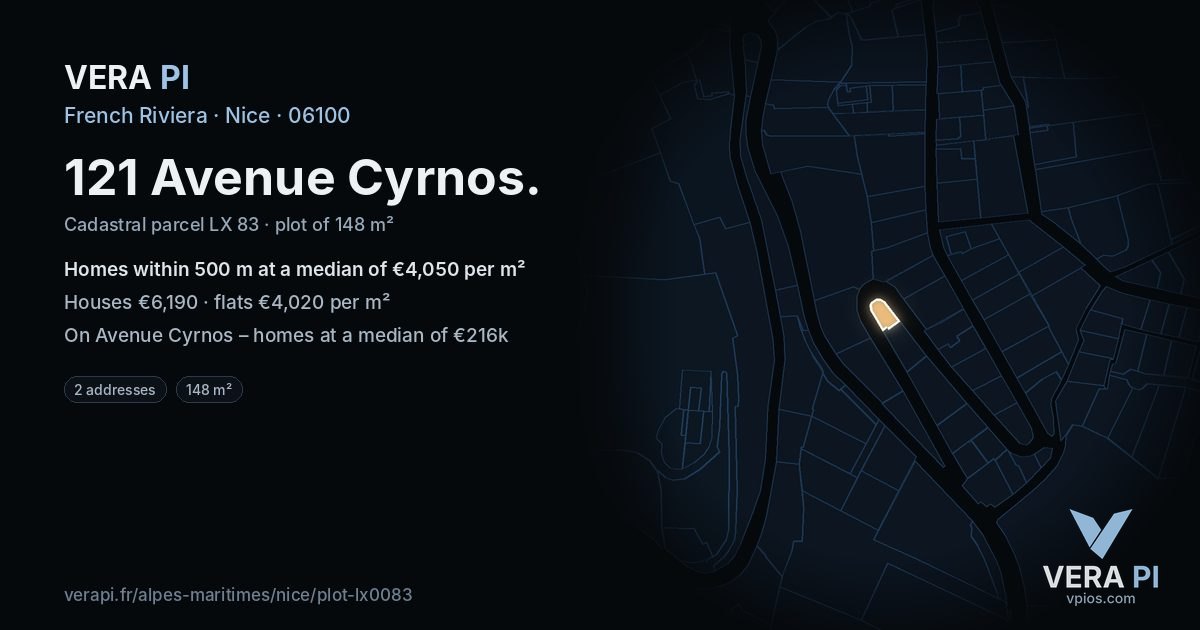 121 Avenue Cyrnos, Nice at night – the plot lit, the parcels around coloured by the prices near them